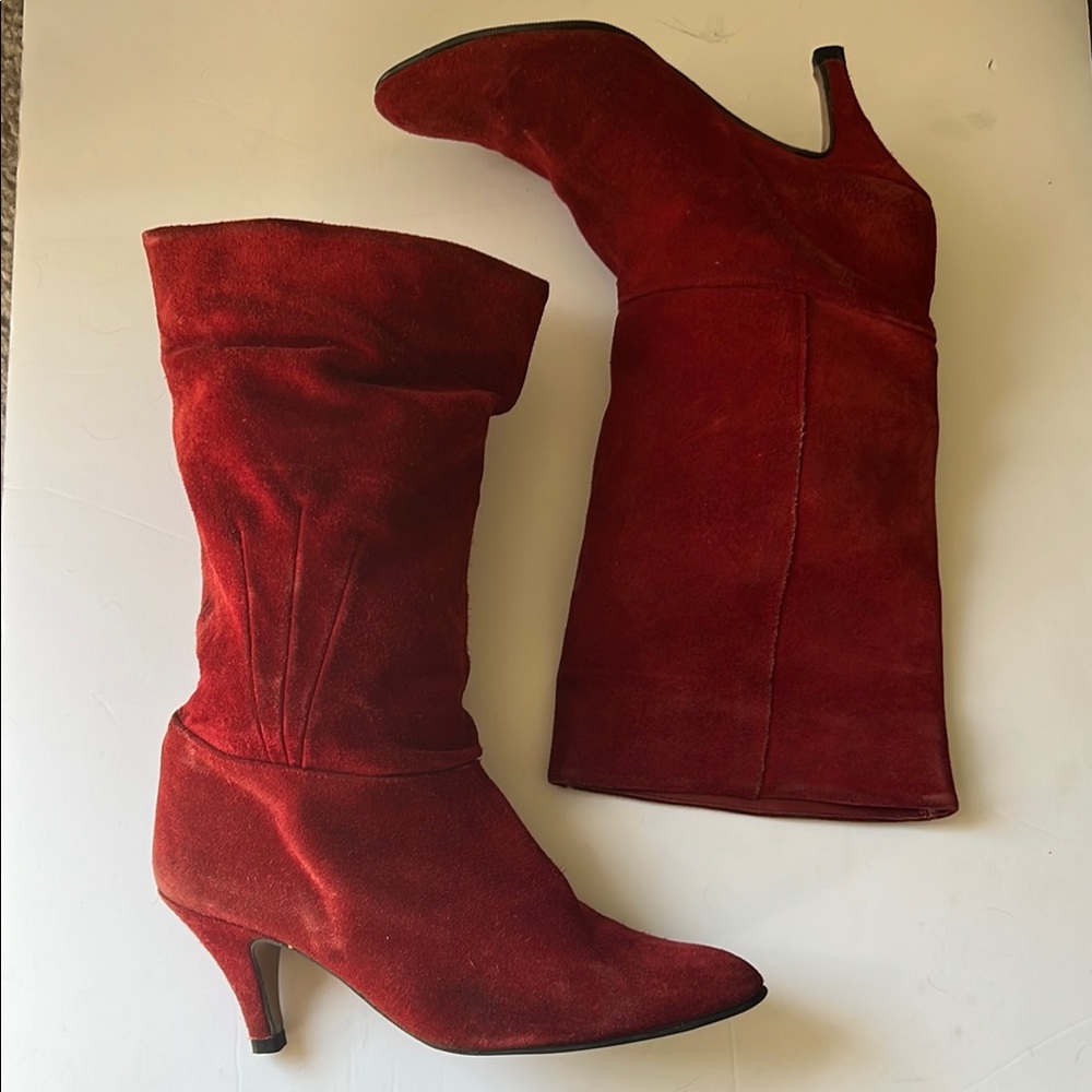 Vintage Red Heeled Boots with Suede Finish